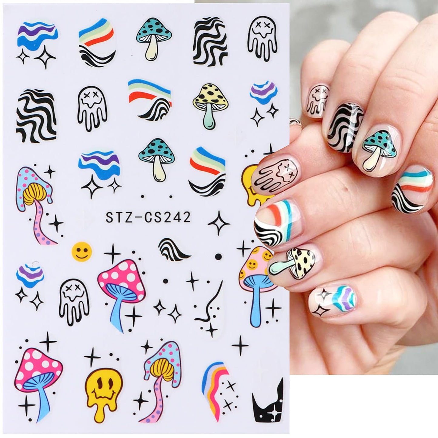 8 Sheets Nail Art Stickers Graffiti Flower Evil Eye 3D Self-Adhesive Nail Decals Rainbow Mushroom Star Moon Designs Nail Decorations Summer Nail Stickers Colorful Nail Supplies for Women DIY Manicure