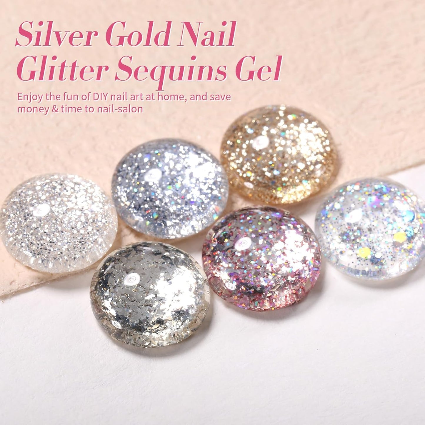 Born Pretty Glitter Gel Nail Polish Super Sparkly Shine Glitter Sequins Gel Polish Gold Silver Champagne Gold Gel Polish Kit DIY at Home Valentine's Day Gift Collection 6PCS