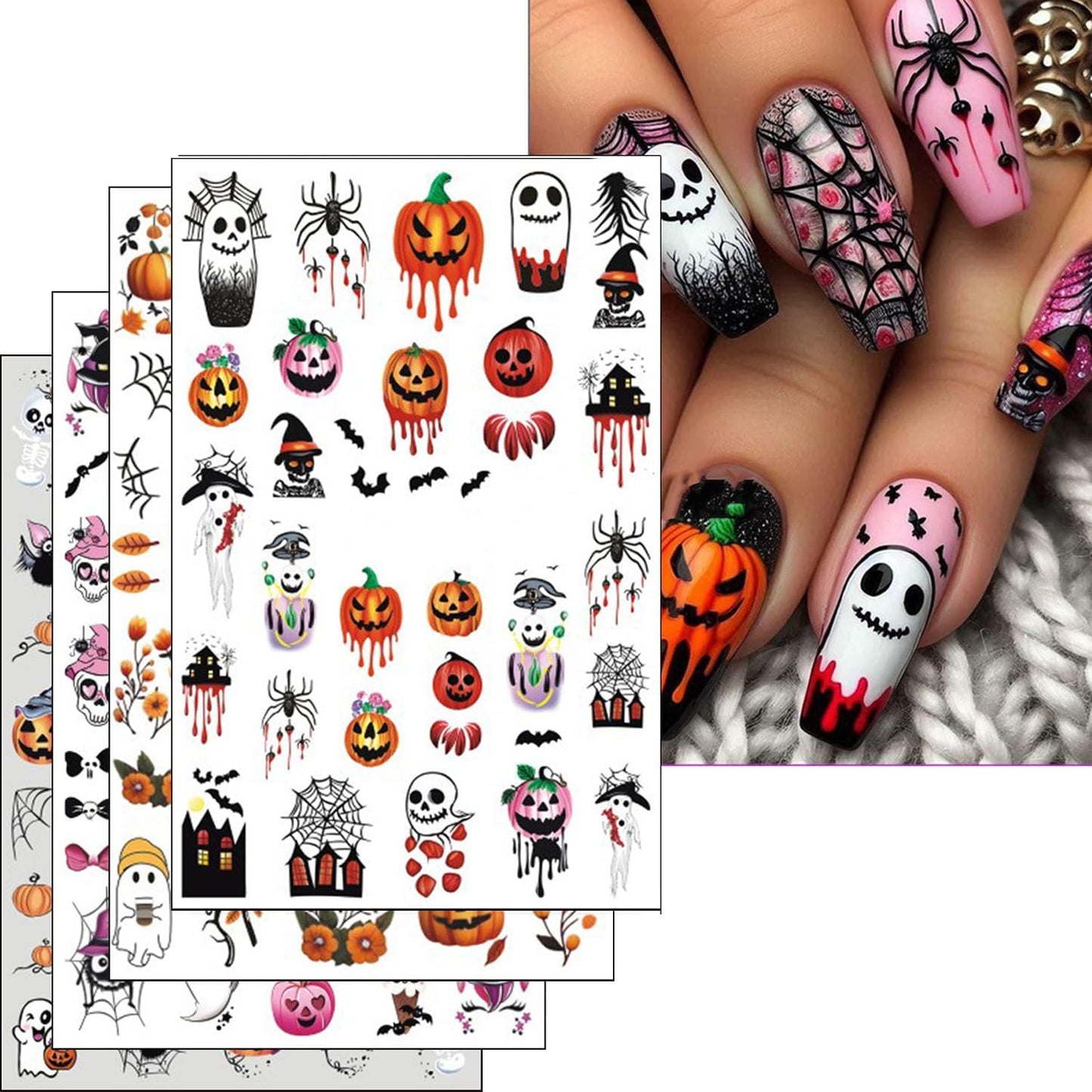 Halloween Nails Stickers Horrible Pumpkins Nails Sticker 3D Embossed Horrible Ghost Self Adhesive Sticker Nail Decals Web Bat Nail Art Decal Halloween Decals for Nail DIY Manicure 4Sheet