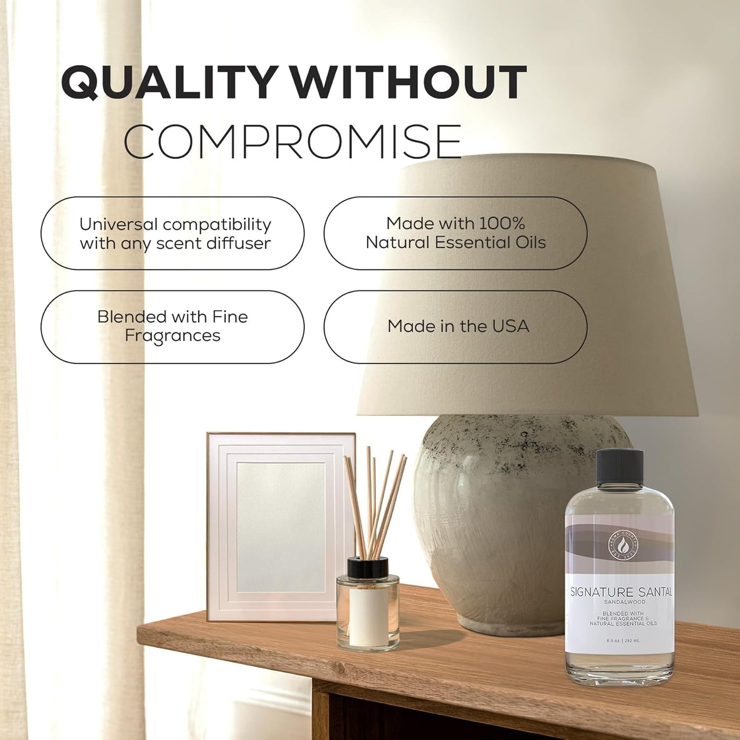 Aroma Country Signature Santal Diffuser Oil - Luxury Essential Oils for Diffuser Refill & Air Freshener Room Spray - Long-Lasting & Natural Home Fragrance, Sandalwood Scented Oil (8.5 Fl. oz)