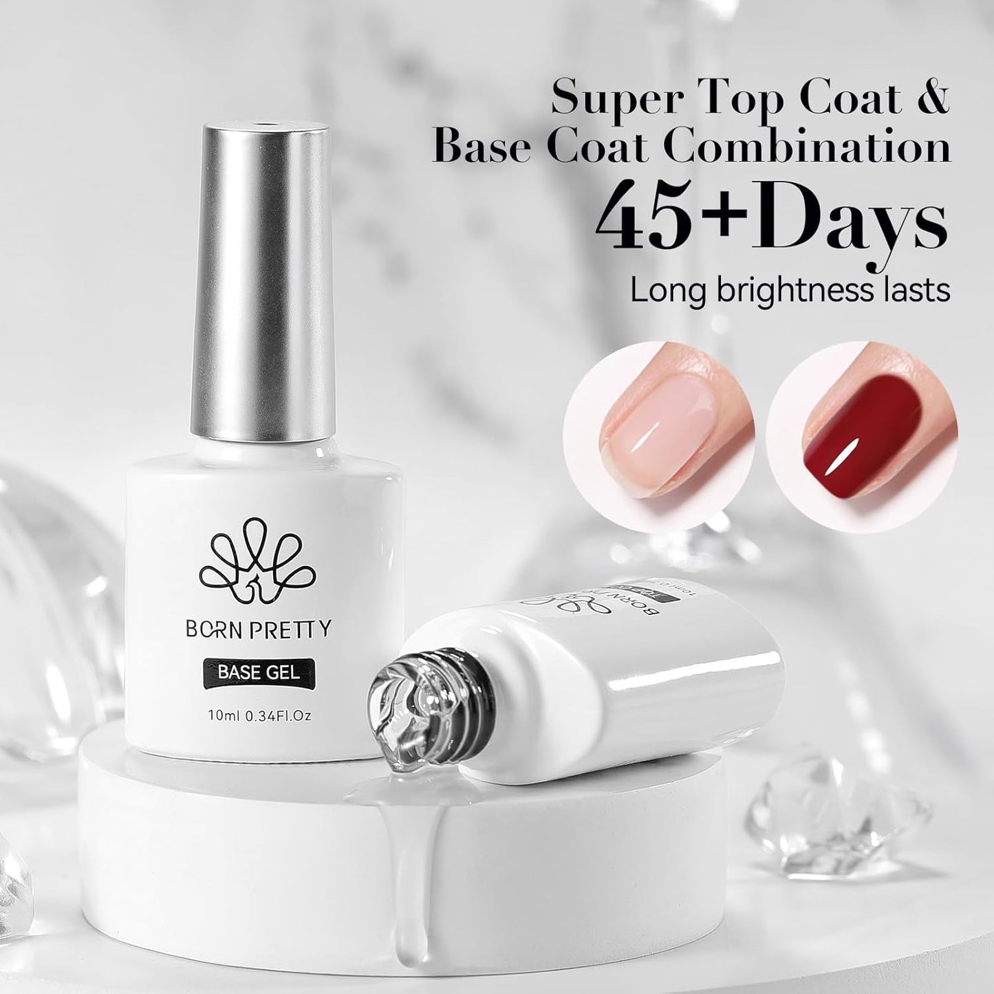 Born Pretty Base & Top Coat Set 2PCS, High Glossy Top Coat, Base Gel for Long Lasting Nails Shine Finish, Nail Art DIY Design Manicure Gifts for Women 10ML