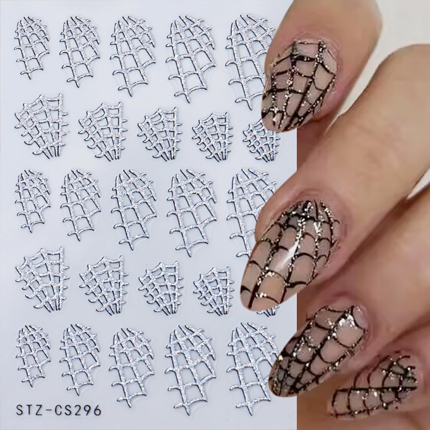 8 Sheets Halloween Nail Art Stickers 3D Self-Adhesive Shiny Gold White Silver Spider Web and Spider with Glitter Nail Art Design Sticker Festival Spiders Nail Stickers for DIY Manicure Decoration