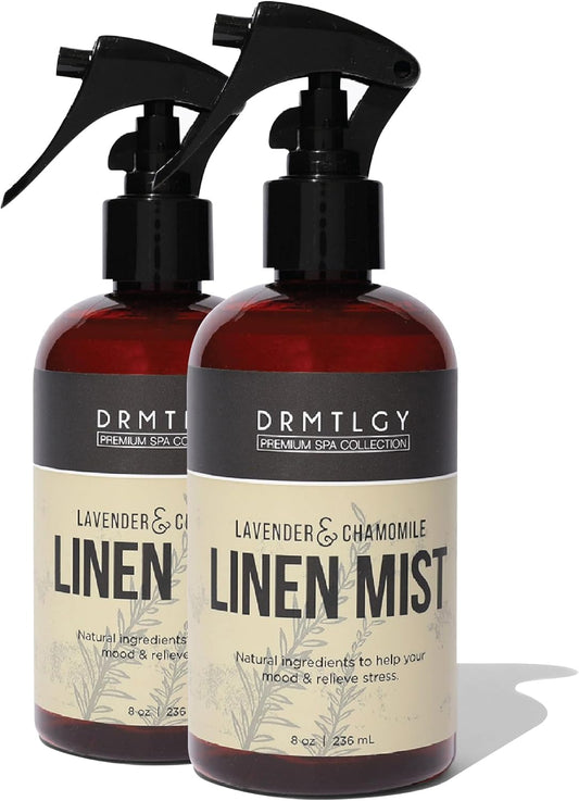 DRMTLGY Natural Lavender Linen Mist and Room Spray. Pure Lavender Essential Oil and Chamomile Pillow Spray, and Fabric Aromatherapy Spray, 8oz, 2 pack