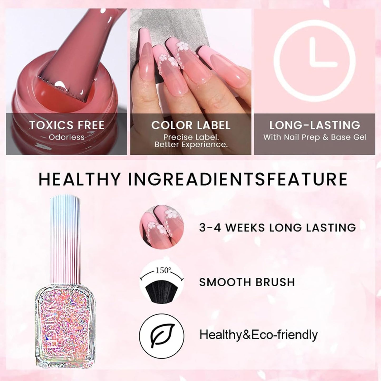 Clear Chunky Glitter Top Coat Nail Polish, Spring Summer Nail Polish with Flower Glitter for Women & Girls, No UV Light Needed