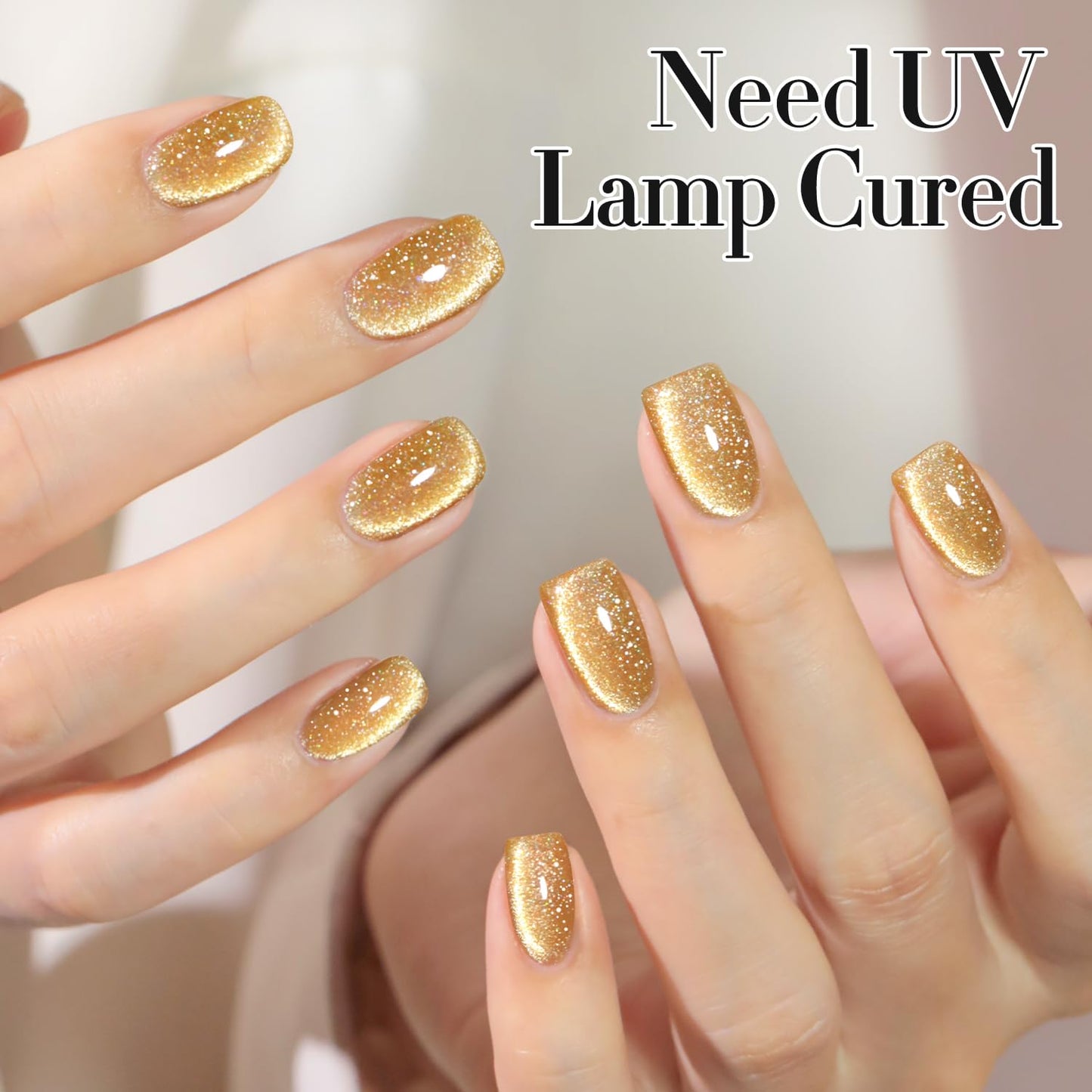 Double Rhythm Cat Eye Gel Polish with Magnet 15ML Holographic Glitter Shimmer Translucent Sheer Color Glass Magnetic Gel Polish Salon DIY at Home (Light Gold-MC1064)