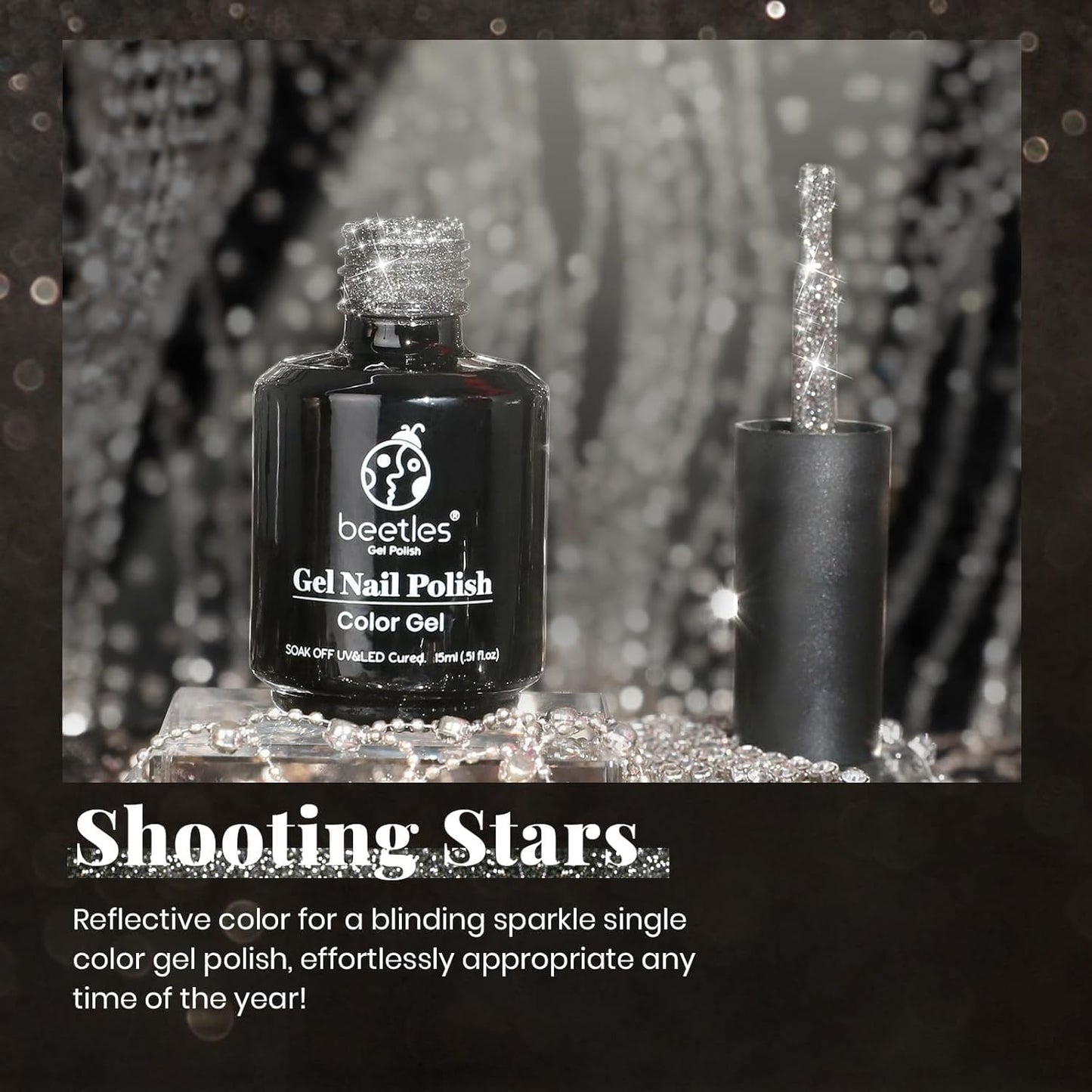 Beetles Black Gel Nail Polish, 1Pcs 15ML Glitter Gel Nail Polish Black Sparkle Reflective Shimmer Color Soak Off UV Lamp Disco Nail Art Manicure Salon DIY at Home Gifts for Her