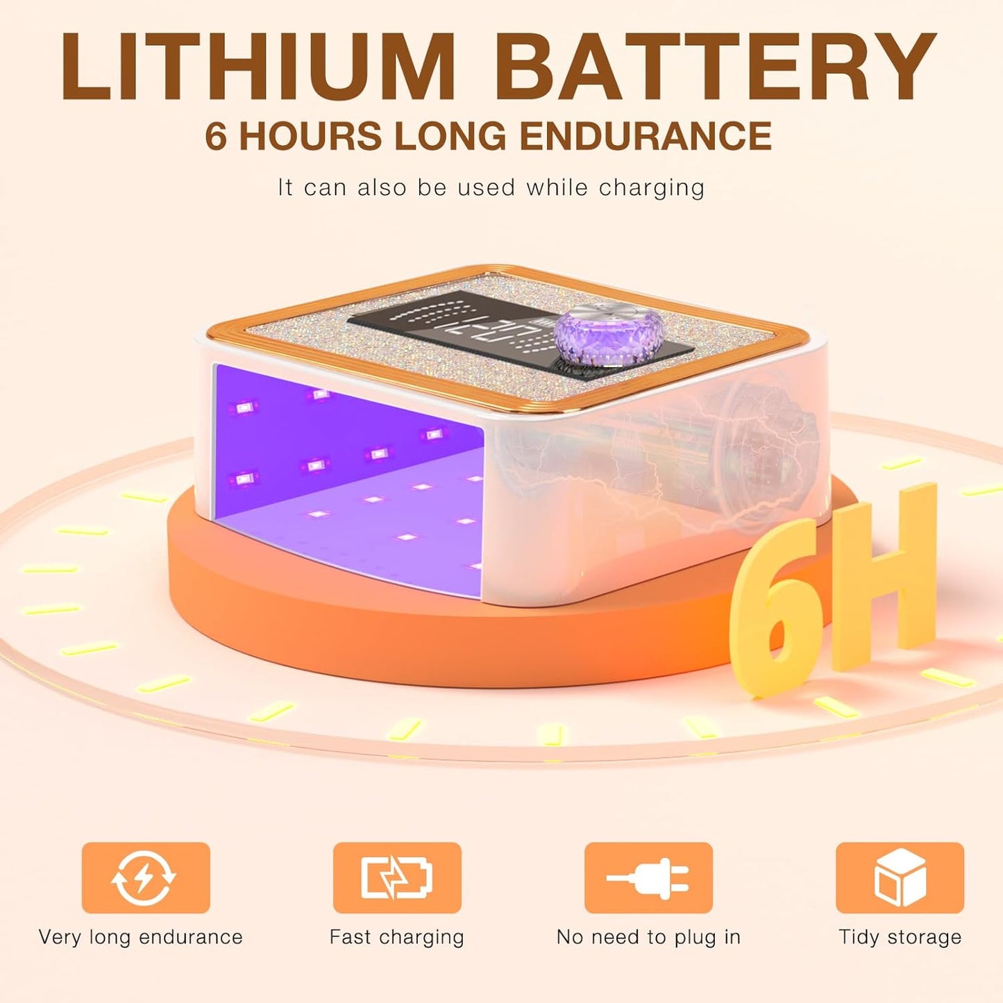 268W Cordless UV Nail Lamp, Rechargeable UV Light for Gel Nails with Unique Knob, Sparkling Rhinestones Diamond & LCD Display Screen, Professional Nail Dryer for Nail Salon & Home (White)