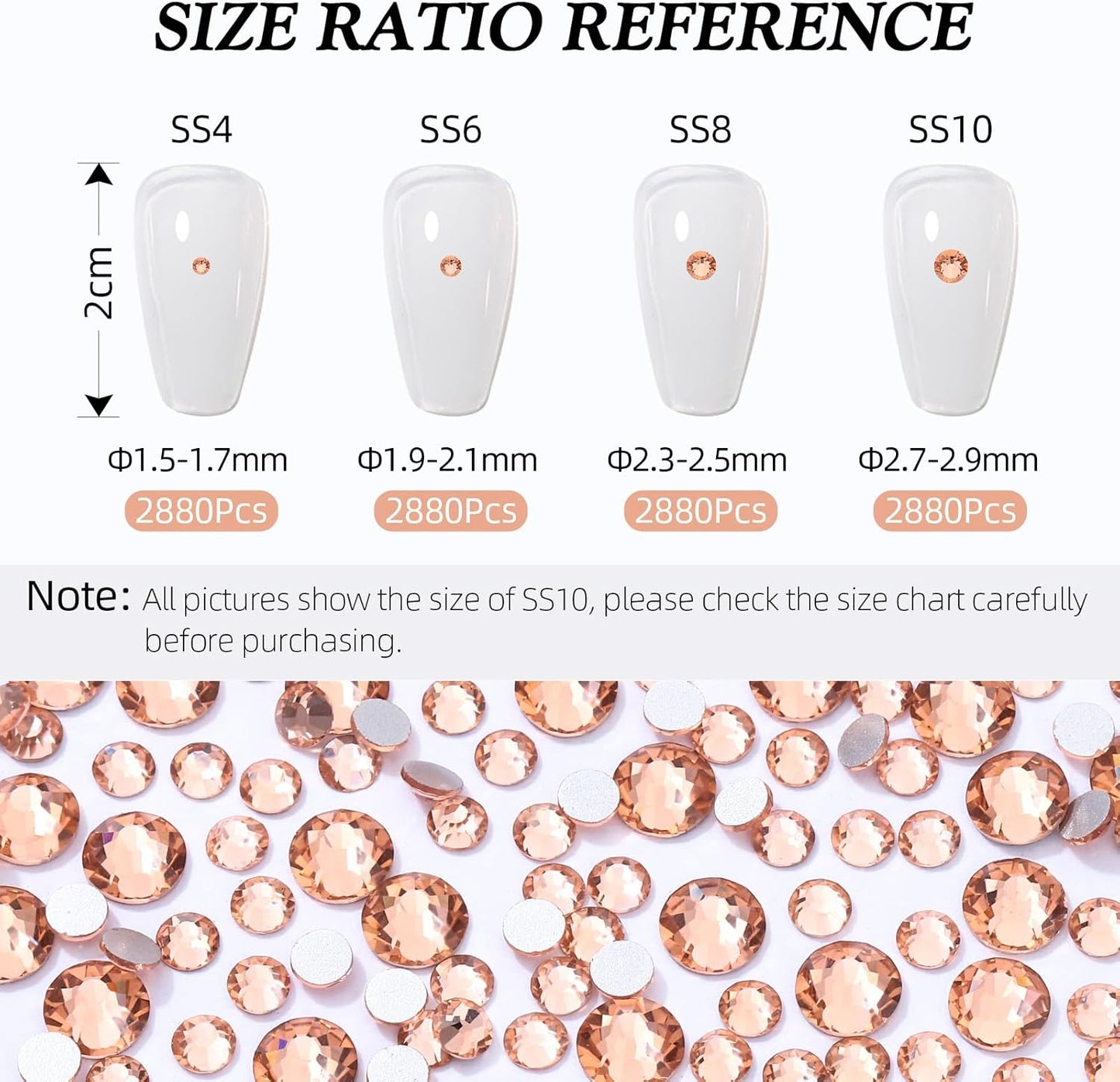 Champagne Flatback Rhinestones, Glass Rhinestones for Nail Art and Craft, Glue Fix, Loose Crystal Gemstones(Champagne, SS10, 2880pcs, 2.7-2.8mm)