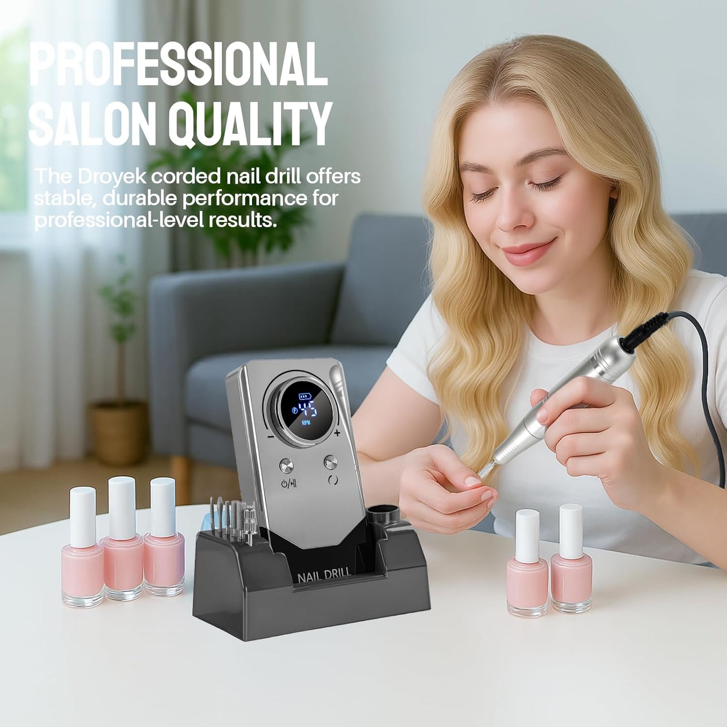 Electric Nail Drill Portable Nail Drill Professional 45000 RPM 6 Salon Quality Drill bits 6 Sanding Bands Portable & Low Noise for Acrylic Nails Gel Polishing Removing Bits Kit for Home Use