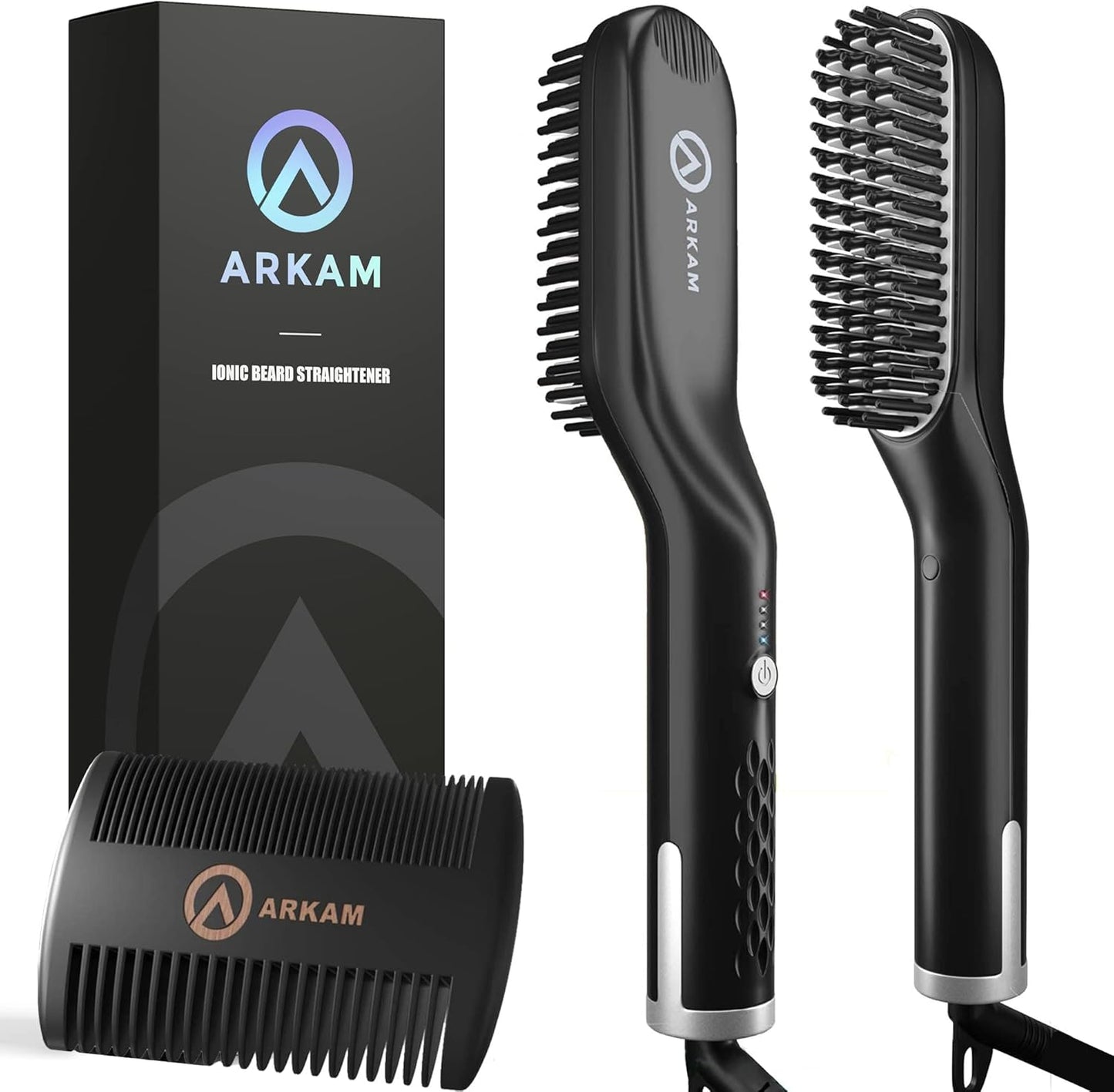 Arkam Beard Straightener for Men - Original Heated Beard Brush Kit w/Anti-Scald Feature, Dual Action Hair Comb and Travel Bag for Short to Medium Beards -Costume Accessories and Grooming Gifts for Men