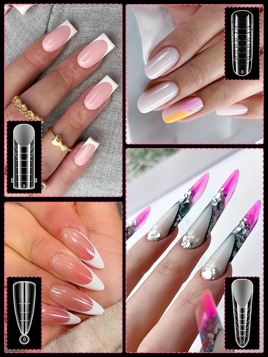 EBANKU Poly Gel Nail Forms - 96PCS Dual Forms for Builder Nail Extension, 4 Style 12 Size Dual Forms Set with 2.5oz Slip Solution, Brush, File, 5PCS Clips