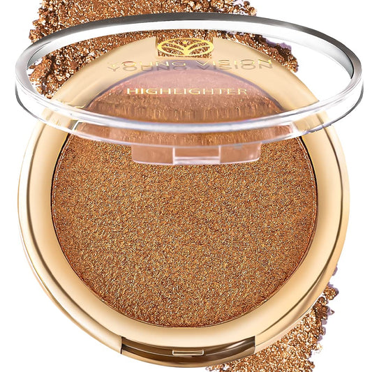 YOUNG VISION Pressed Powder Highlighter, Baked Natural Glow Contour Powder & Face Highlighter, Cruelty Free, Shimmer Highlighting Makeup for Face, Eye, Eyeshadow, Body, Skin (Brown)