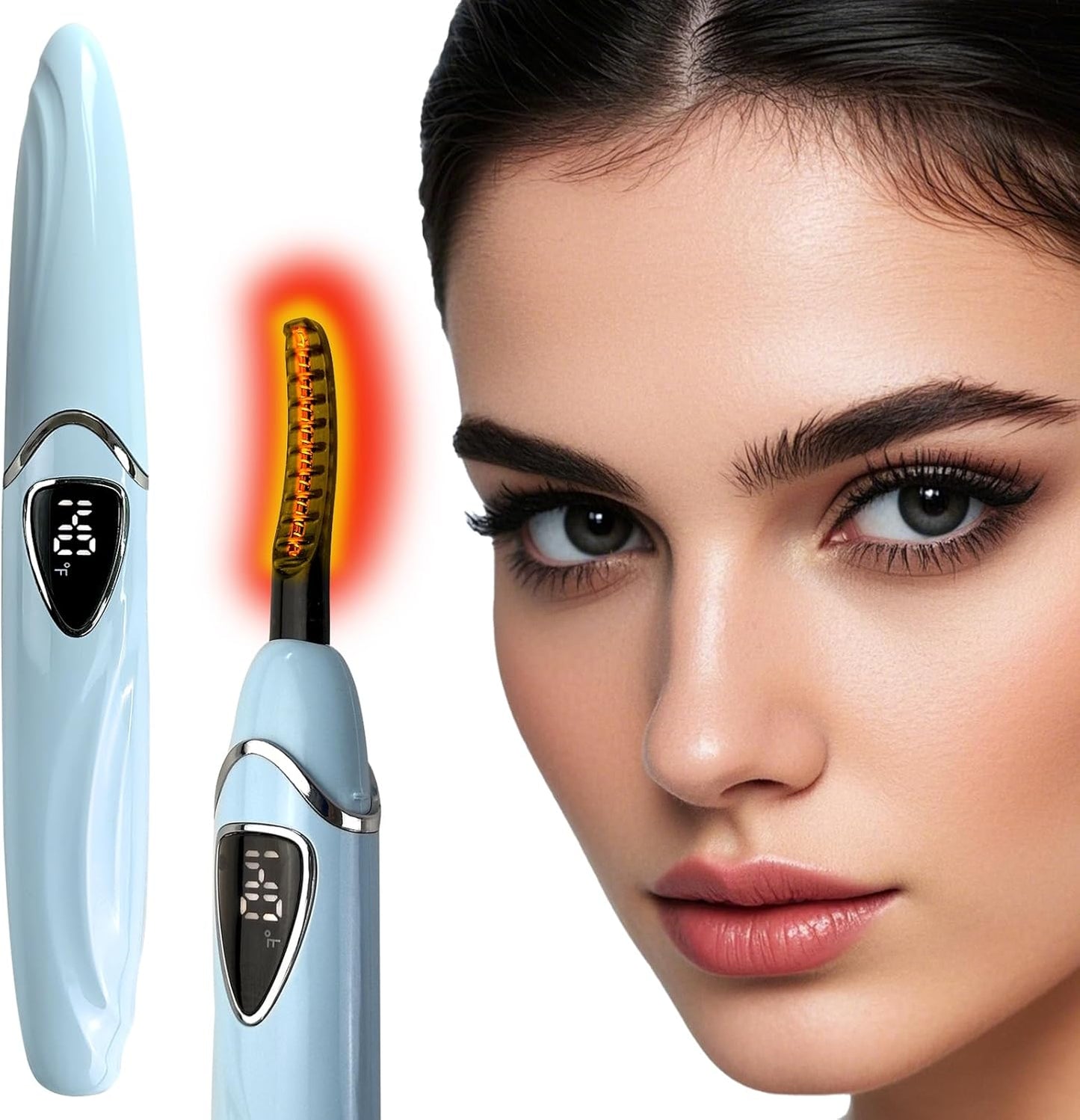 Electric Heated Eyelash Curler with LED Display, Rechargeable, Temperature Control 140°F-194°F, Natural Beauty Care for Woman (Blue+Silver)