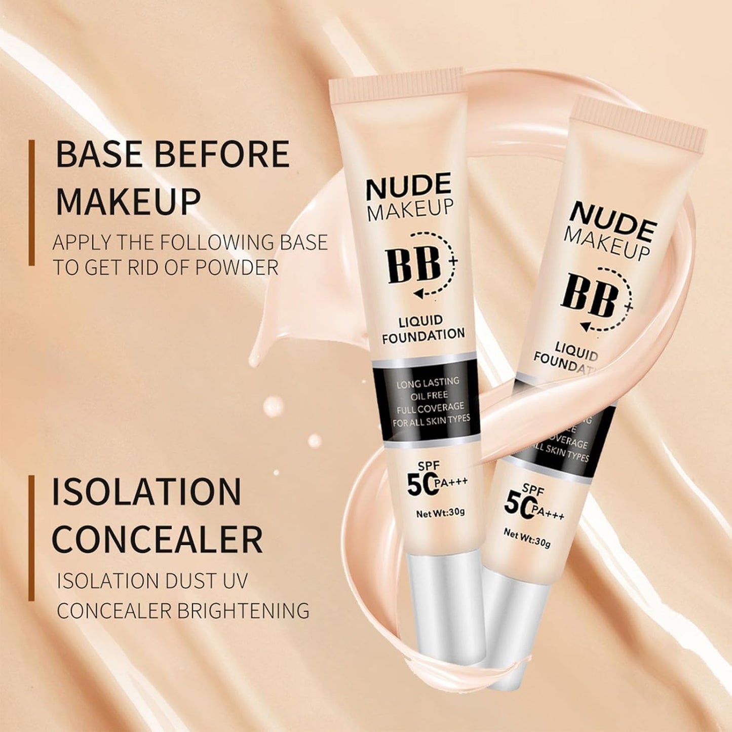 BB Cream with SPF 50, BB Cream Full Coverage, Hide Pores Blemishes, Nude Makeup Base, Even Skin Tone, Long Lasting Oil Control, Hydration BB Cream, Natural Finish for All Skin Types (Ivory)