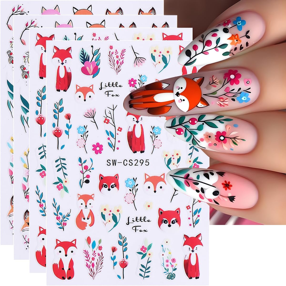 Fall Nail Art Stickers, Cute Fox Nail Art Decals 3D Self-Adhesive Cotton Fox Nails Stickers Autumn Blossom Flowers Nail Design 6Pcs Nail Art Supplies for Women Nail Decoration