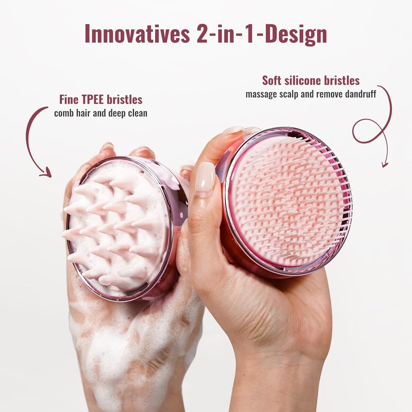 2 in 1 Scalp Massager Hair Growth,Scalp Scrubber with Soft Silicone Bristles for Dandruff Removal,Shampoo Brush for Exfoliation,Head Massager for Both Wet and Dry Use (Pink)