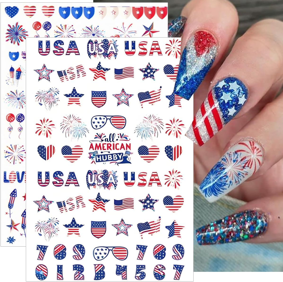 6 Sheets 4th of July Nail Stickers for Nail Art Independence Day Nail Decals 3D Self-Adhesive USA Flag Fireworks Letters Numbers Star Sticker Nail Designs Fourth of July Nails Decoration DIY for Women