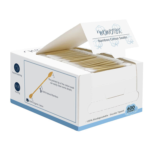 Bamboo Cotton Swabs 600 Count/1 Box, One Pointed Tip and One Rounded Tip, Biodegradable Cotton Buds with Organic Bamboo Sticks, for Ear Wax Removal, Draw the Eyeliner, Nail Polish Touch-ups