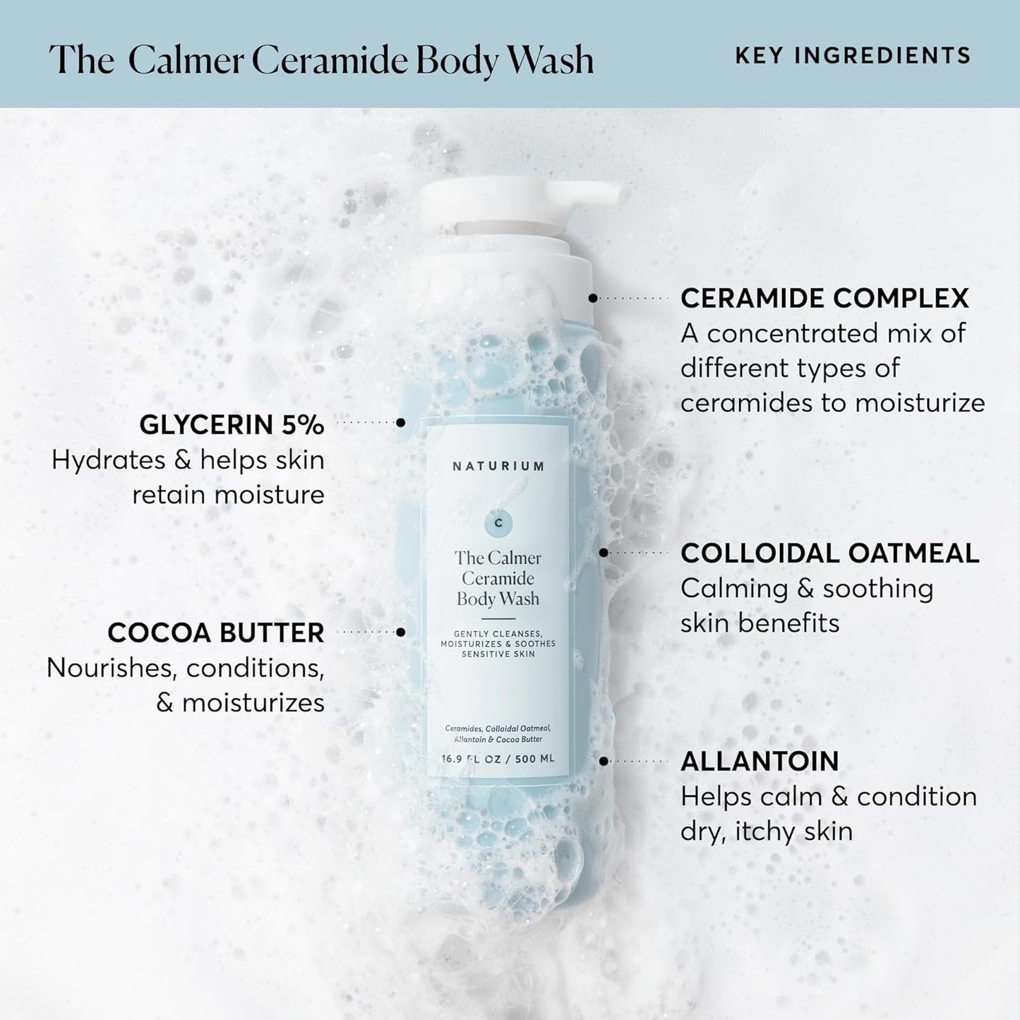 Naturium The Calmer Ceramide Body Wash, Frangrance-Free, Cleansing & Moisturizing for Dry, Sensitive Skin, Dermatologist-Tested, Paraben & Cruelty-Free, 16.9 oz