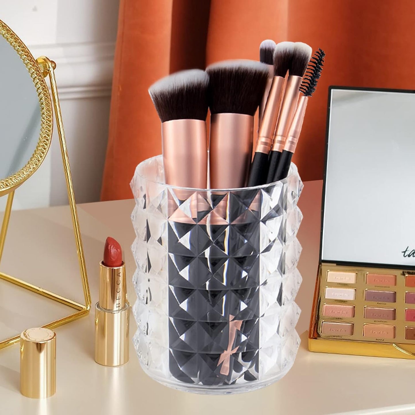 Acrylic Makeup Brush Holder Organizer, Clear Pencil Pen Holder, Crystal Cosmetics Brushes Cup Storage Solution, Round