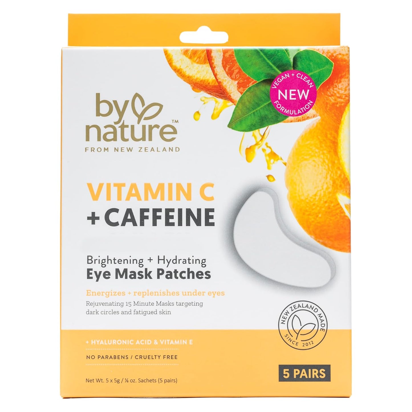 By Nature Vitamin C + Caffeine Brightening + Hydrating Under Eye Mask Patches - Energizing + Replenishing Eye Patches for Dark Circles - Skincare from New Zealand - Under Eye Patches - 5 Pairs