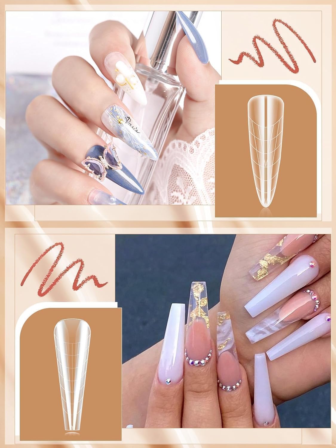 EBANKU 288PCS Poly Extension Gel Dual Nail Forms, Stiletto Coffin Acrylic Nail Forms for French Nails, 76PCS Duet System Dual Forms Sticker Silicone Pads, 6 Styles Scale for Manicure Extension