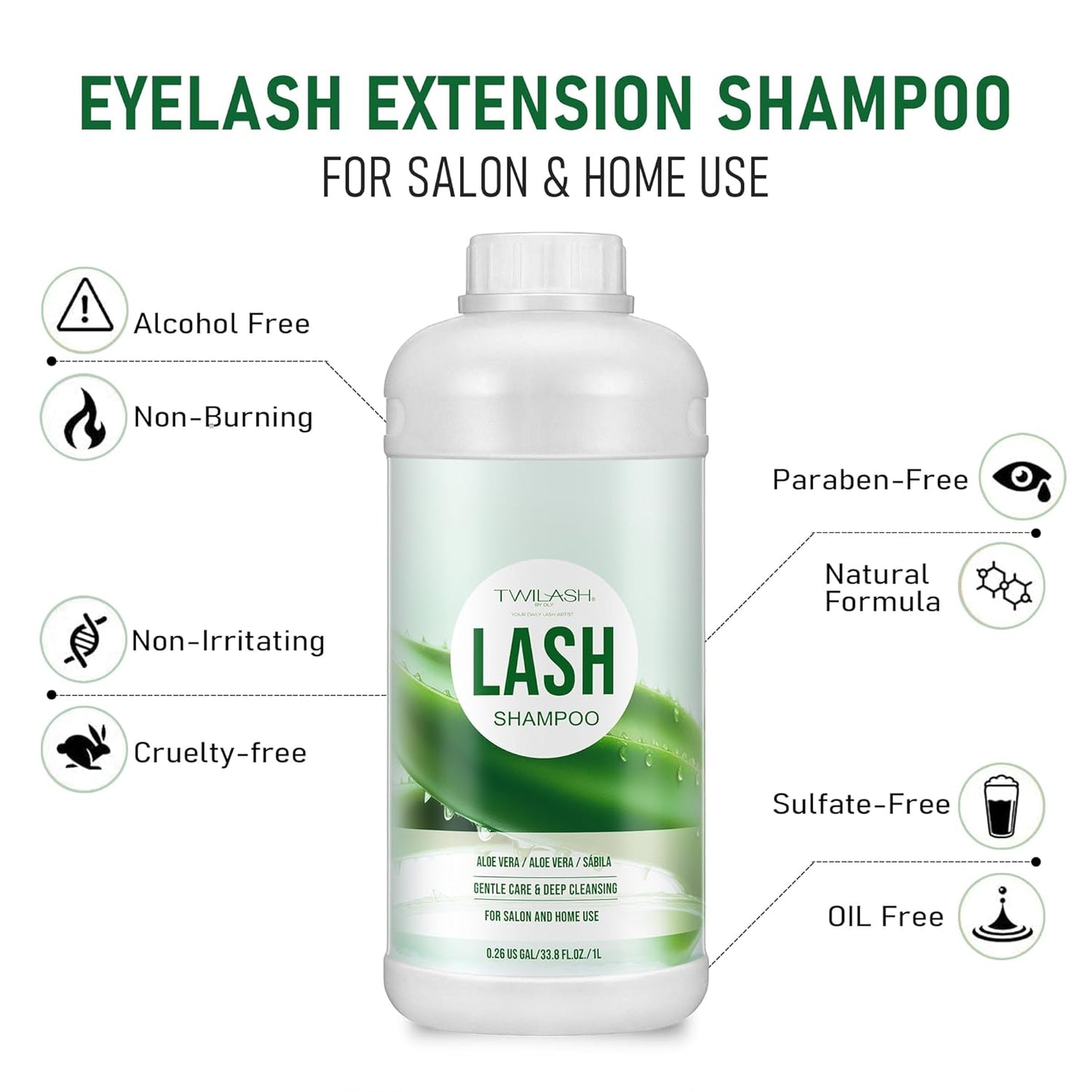 Lash Shampoo Bulk, Eyelash Cleanser for Extensions 1 Liter, Safe Makeup Remover, Non-irritating or Burning Formula Eyelid Foaming Cleanser for Professional Salon and Home Use (Aloe Vera-1L)