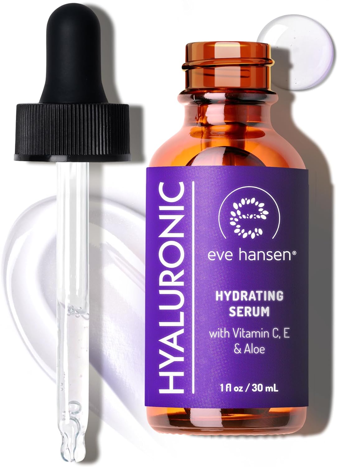 Eve Hansen Hydrating Hyaluronic Acid Serum for Face with Vitamin C, Vitamin E, Green Tea | 72% Organic Firming Facial Moisturizer, Anti-Wrinkle, Skin Plumper (1 oz)