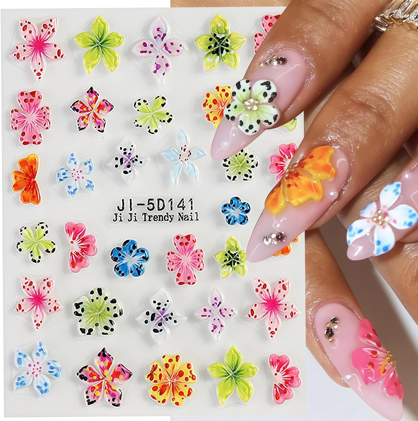 Flower Nail Stickers for Nail Art Hawaiian Flowers Nail Decals 5D Self-Adhesive Embossed Floral Summer Nails Art Design Sticker Beach DIY Acrylic Salon Manicure Decoration Kit for Women