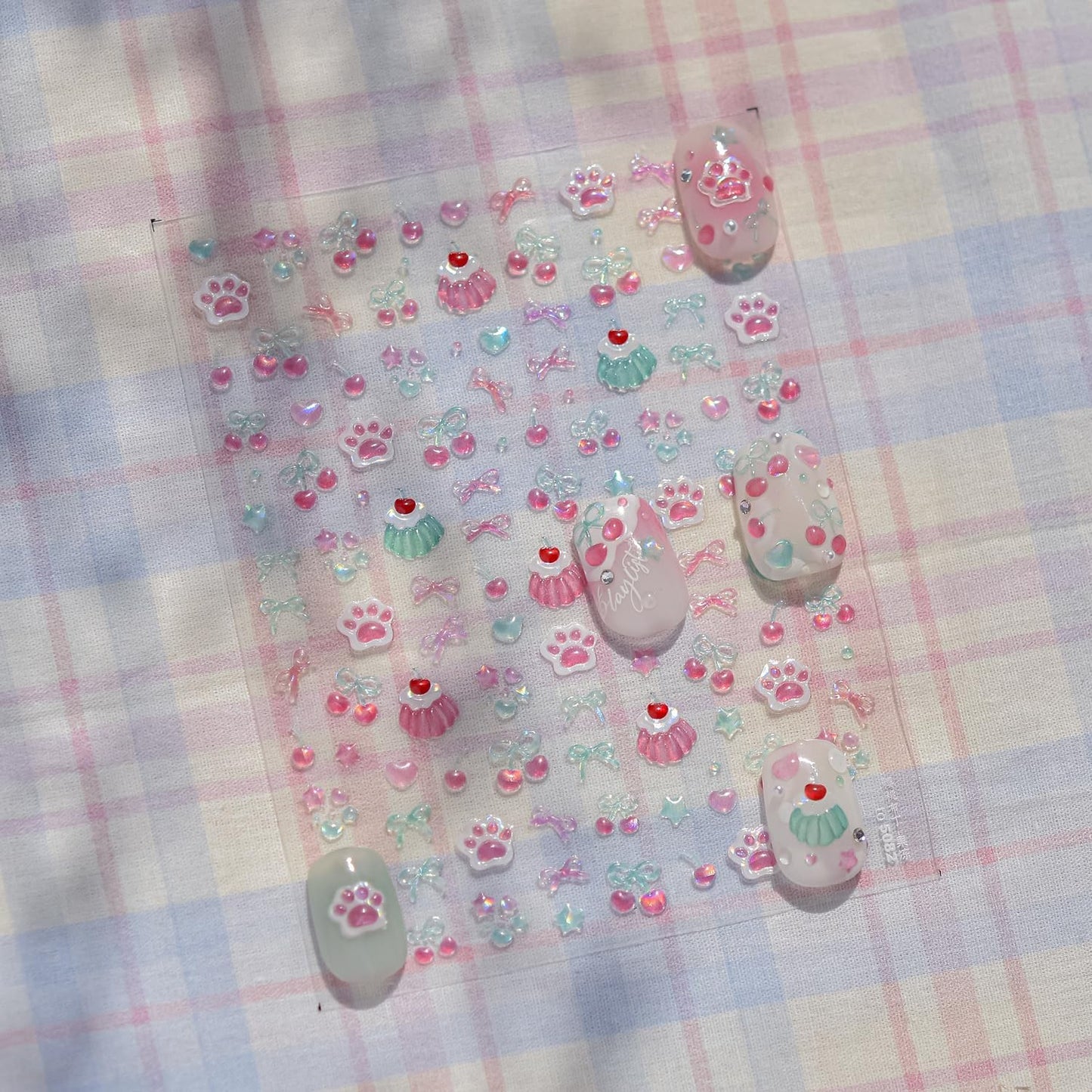 5D Embossed Cake Nail Sticker for Nails Art Pink Nail Decals Cherry Bow Nail Art Stickers Cute Nails Decal Self Adhesive Manicure Supplies Decoration for Women Girls Kid