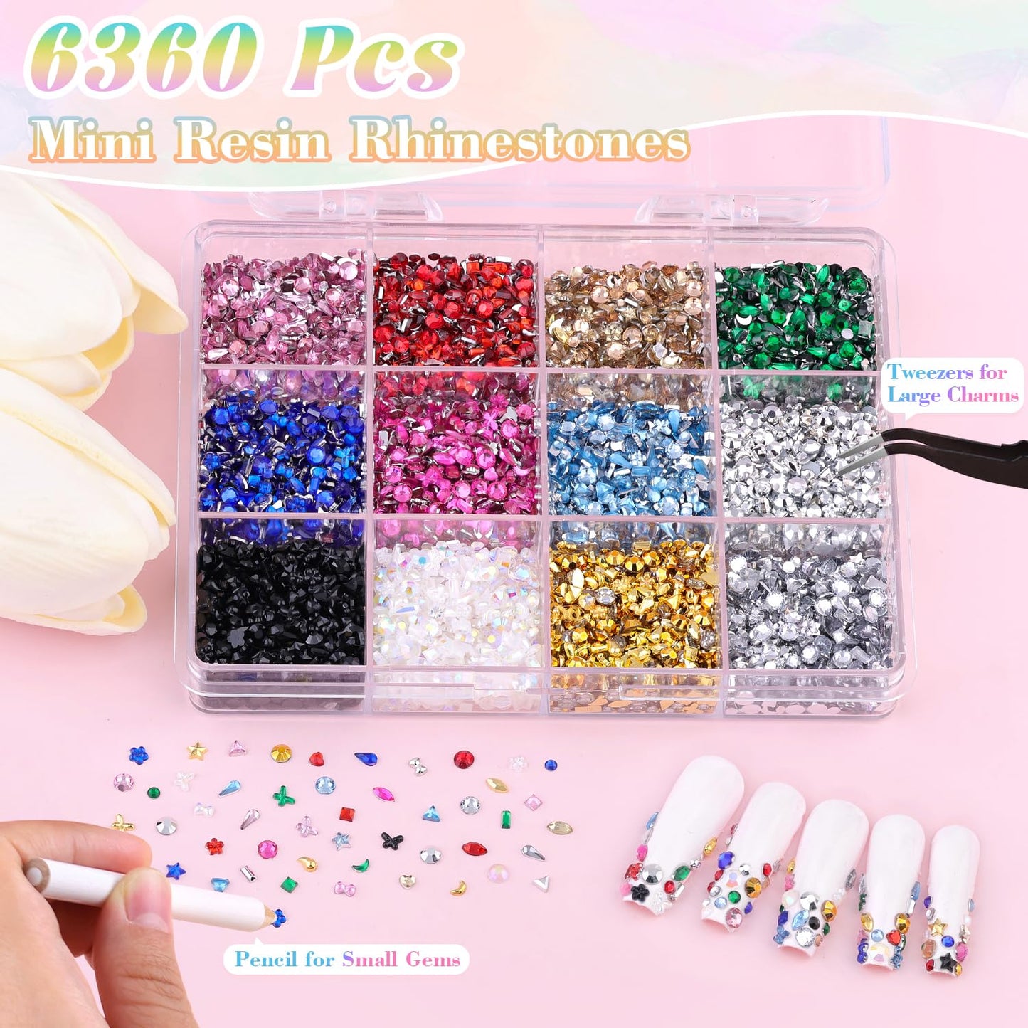 6360 PCS 2-3 MM Muliti Shape Colorful Rhinestones for Nail Art, 3D Resin Flatback Bedazzling Gems Mini Flower Bow Heart Star Butterfly, Kawaii Women Rhinestone Kit with Tweezers and Pickup Pencil