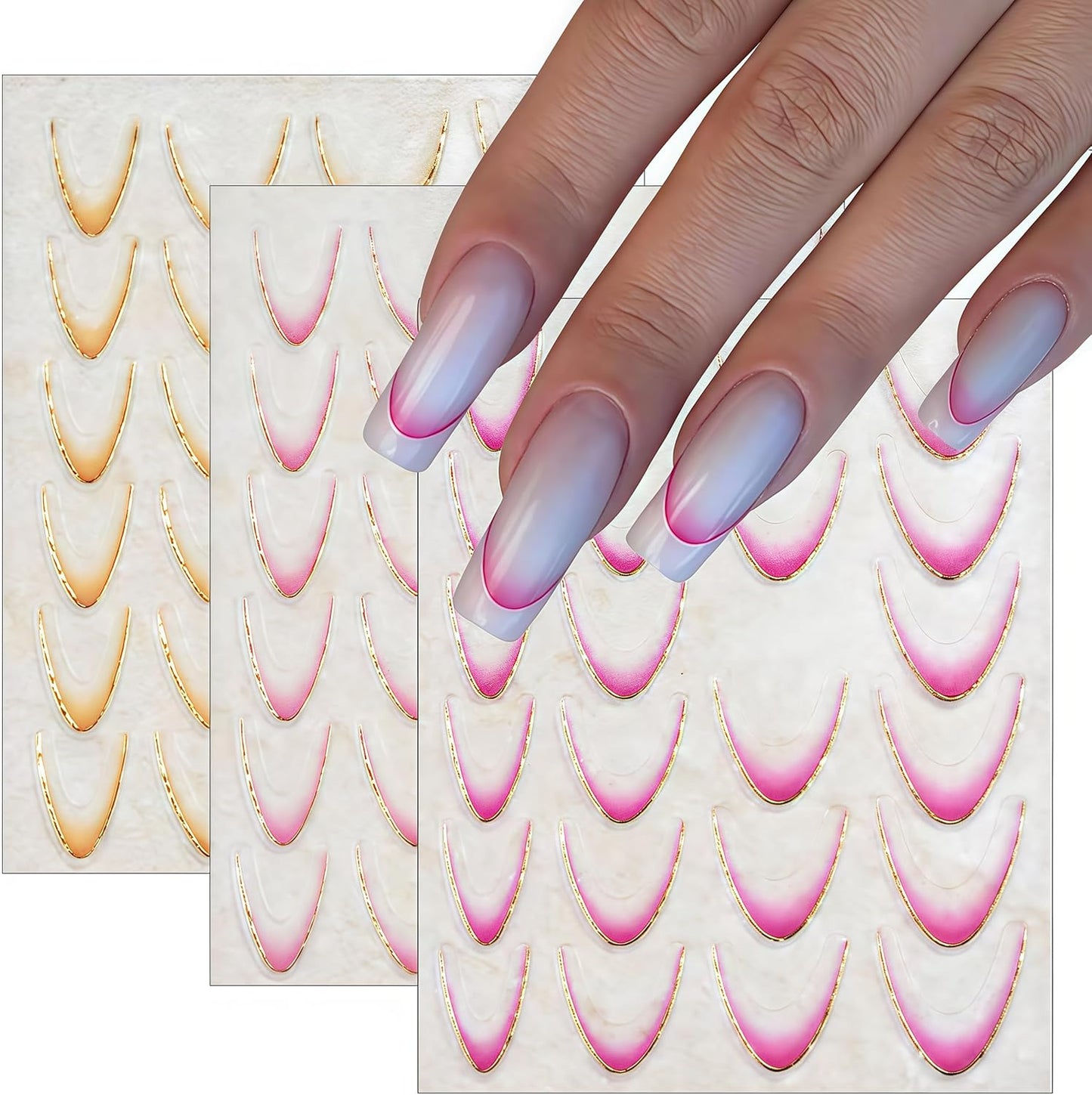 12Sheets Gradient French Tips Line Nail Stickers 3D Self-Adhesive Colorful Stripes Line Transfer Decals Curved Lines Nail Art Designs Nail Tips Manicure Accessories for Women Nail Art Decorations