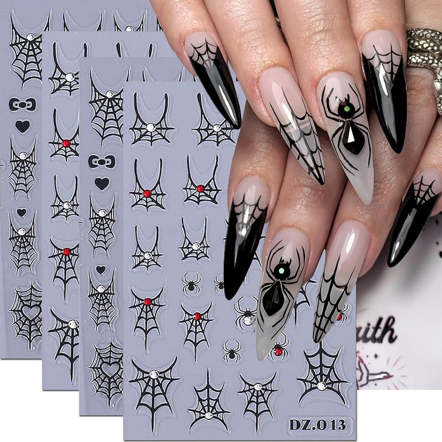 4PCS Halloween Nail Art Stickers Black Spider Web Spider Nail Decals with Rhinestone Crystal Spider Web Spider Nail Stickers Cute Bow Heart Halloween Nail Art Supplies for Women Manicure Decorations