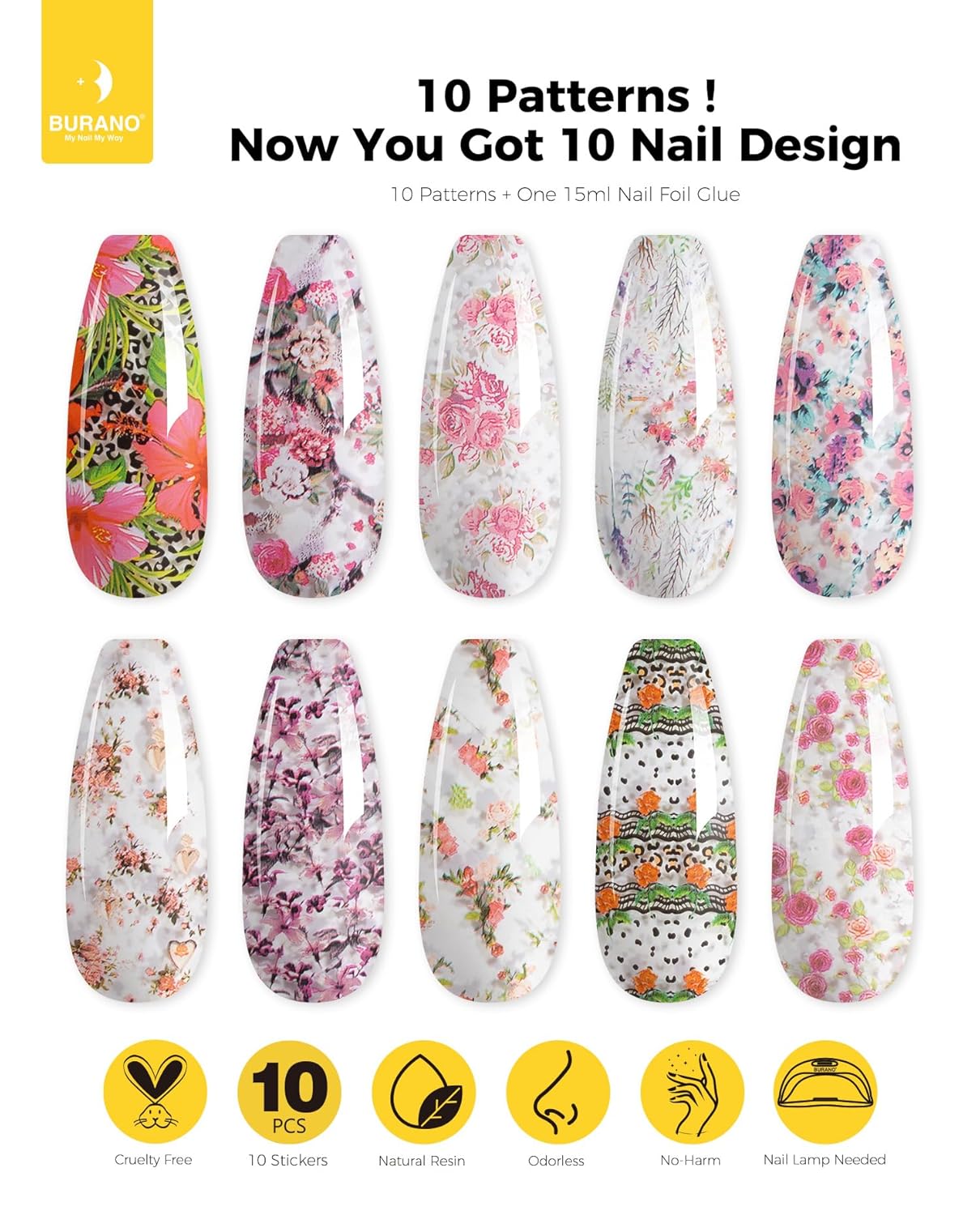 BURANO Nail Art Nail Foil Glue Gel, o.5 oz with 10PCS Foil Stickers Set Nail Foil Glue for Nails Foil Transfer Gel, Nail Design DIY UV LED Lamp Required (Flower Foil 10)