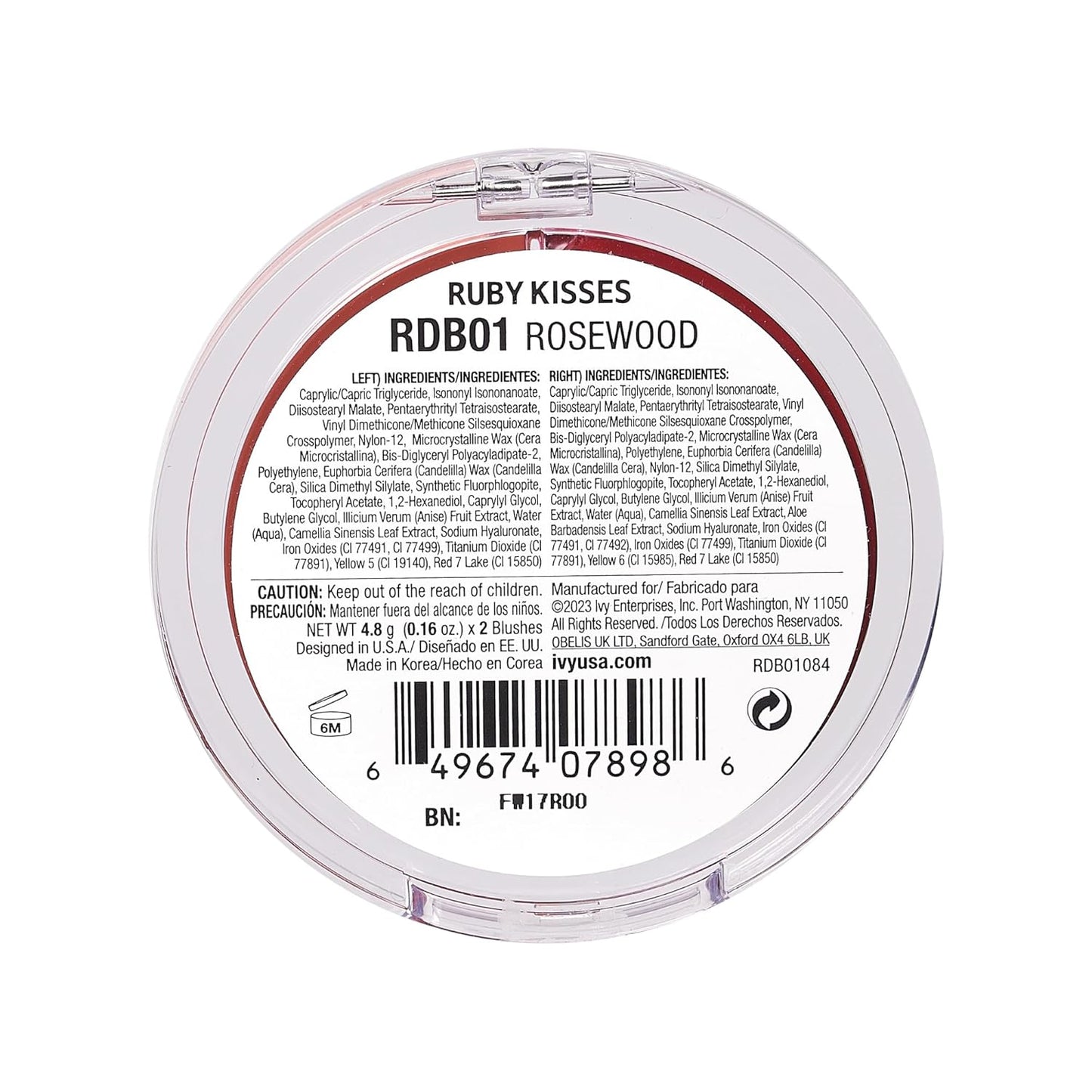 Ruby Kisses Duo Cream Blush, Smooth, Natural-Looking, Long-Lasting Face Makeup Blush for Cheeks, Lips, and Eyes, Buildable and Blendable, Infused with Green Tea, Aloe Vera Extract, and Hyaluronic Acid (Rosewood)