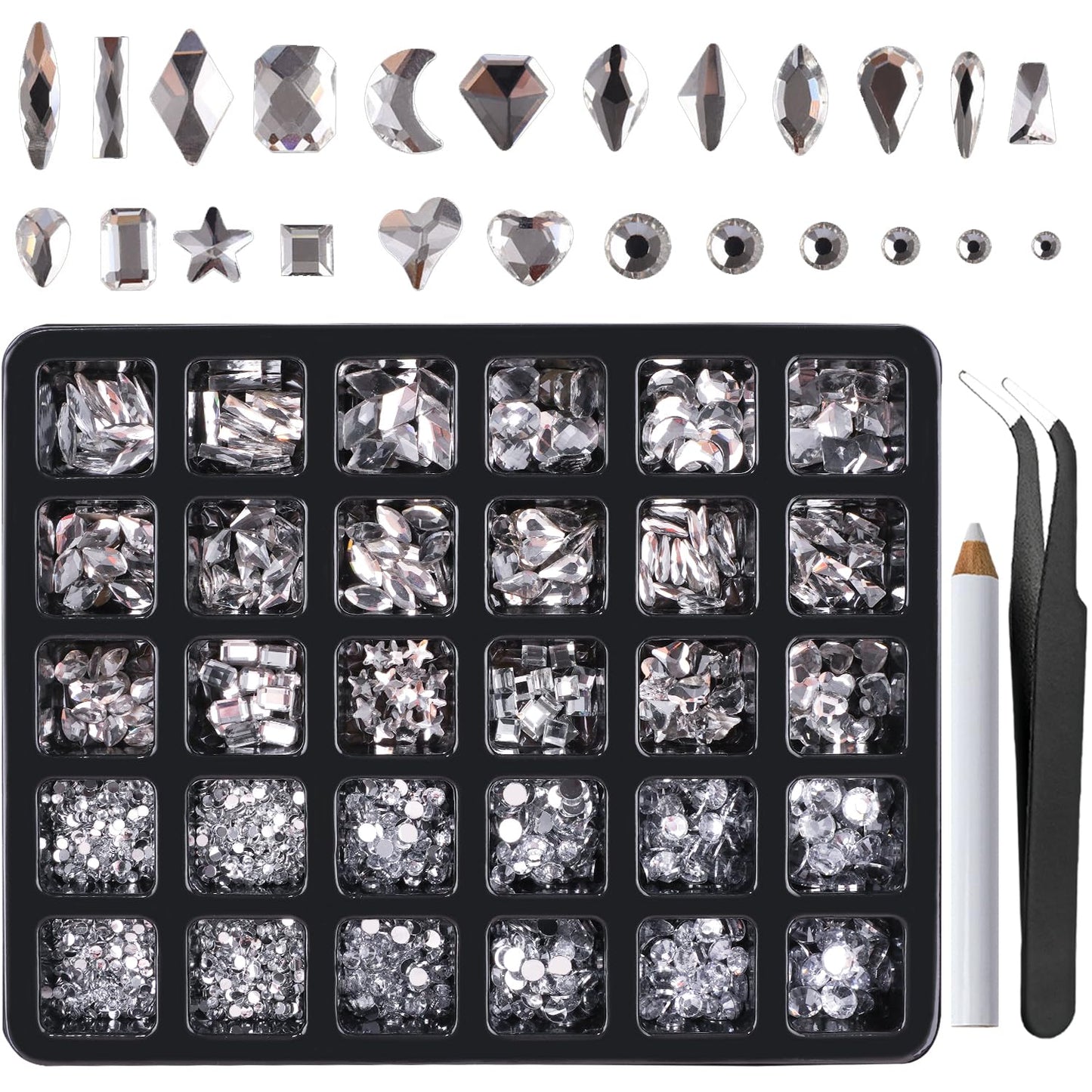 Canvalite 2900Pcs Clear Rhinestones for Nails, 18 Styles Multi Shape Nail Charms and Gems Shiny Glass Crystal Flatback Nail Rhinestones Set for Nail Art with Rhinestone Picker and Tweezers