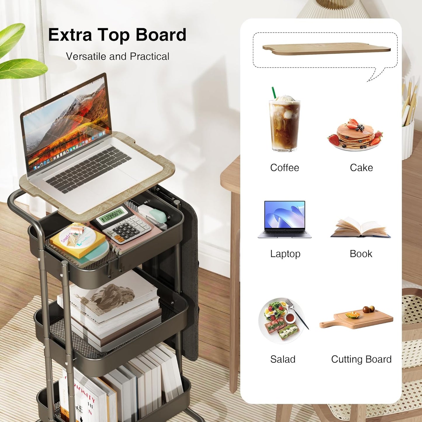 DTK 3 Tier Metal Utility Rolling Cart with Table Top and Side Bags, Tray Storage Organizer Wheels, Art Craft 4 Hooks for Kitchen Bathroom Office Living Room (Black)