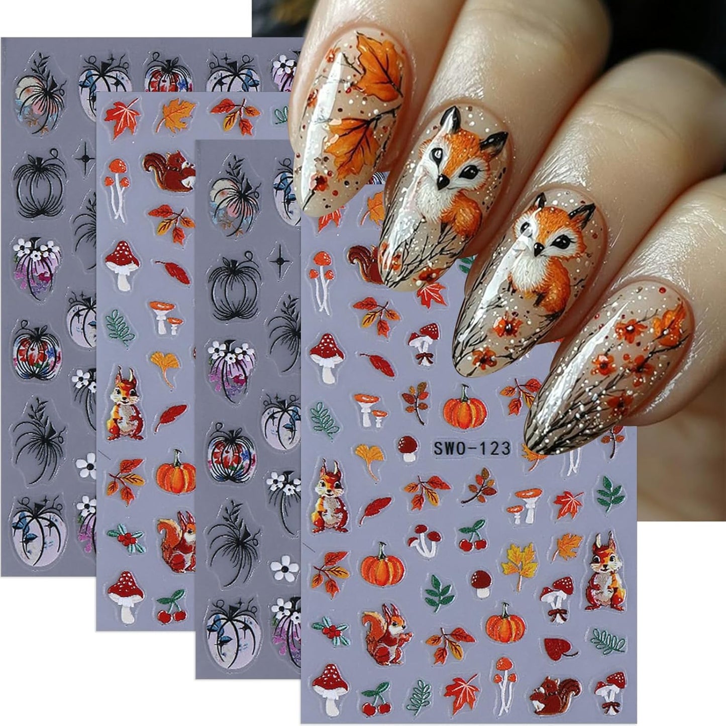 Fall Nail Stickers 5D Pumpkins Nail Decals 4PCS Self-Adhesive Embossed Halloween Nail Art Maple Leaf Mushroom Fox Design Holiday Nail Charms Autumn Thanksgiving Day DIY Manicure Supplies for Women