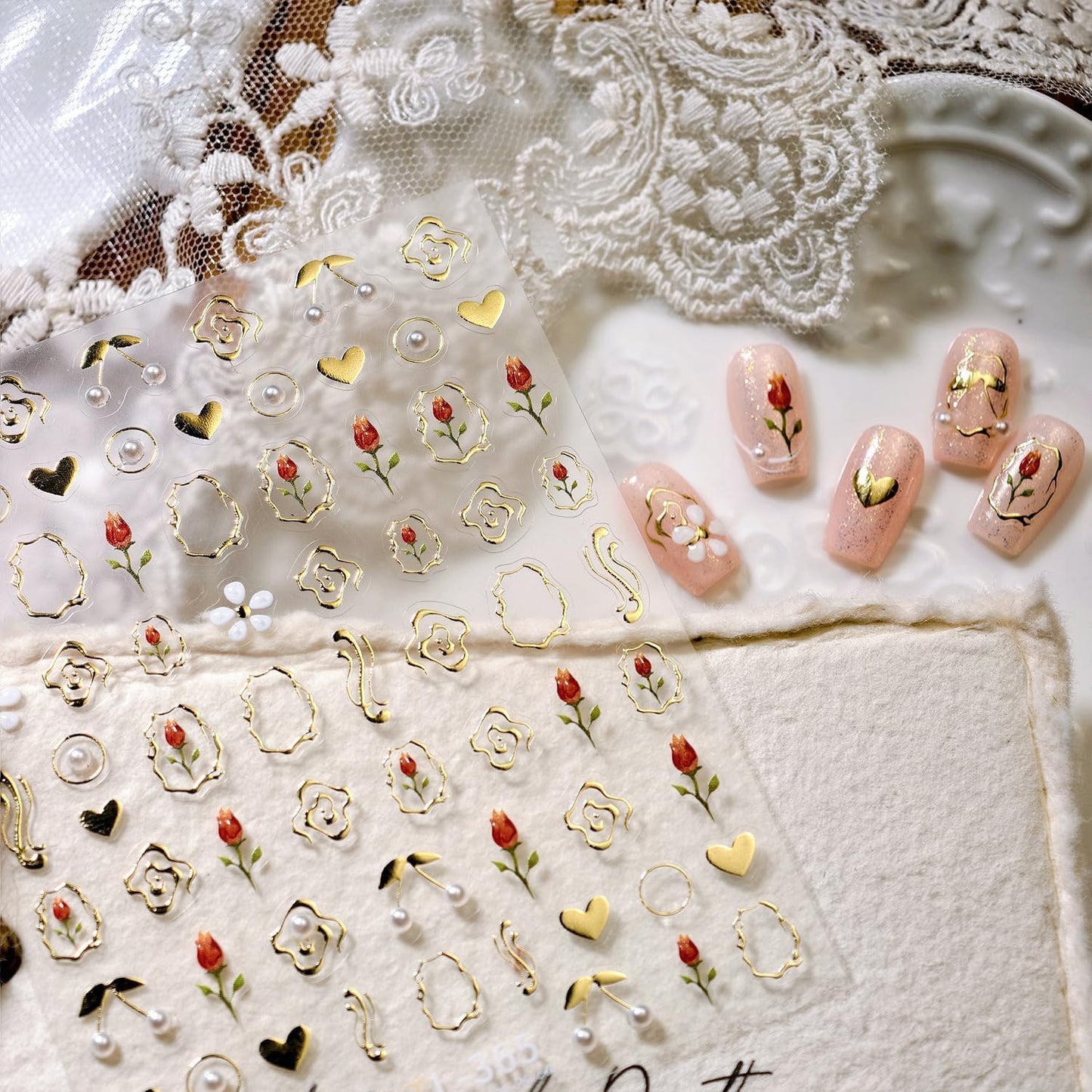 Gold Nail Stickers Flower Nail Decals for Nails Art Tulip Nail Art Stickers with Design Heart Nails Art Decals Self Adhesive Sticker for Women Girls Kid Manicure Charms Supply Accessories