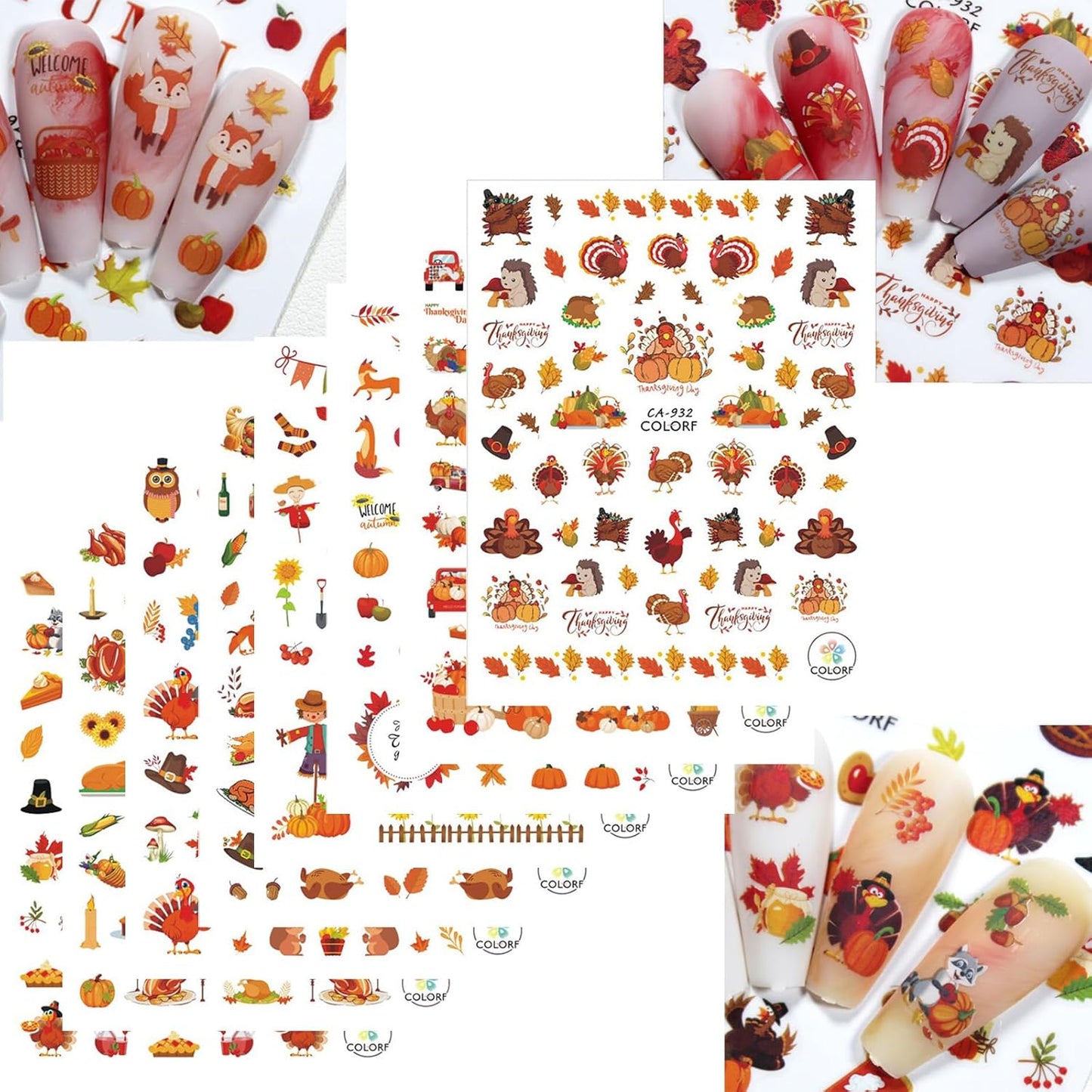 Fall Nail Art Stickers Thanksgiving Day Turkey Pumpkin Nail Decals 3D Self-Adhesive Holiday Maple Leaf for DIY Autumn Party Nail Supplies Decoration 8 Sheets