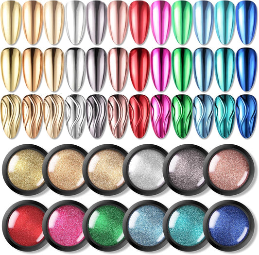 Born Pretty Mirror Chrome Nail Powder Set, 12 Colors Metallic Mirror Effect Nail Powder Gold Silver Rose Gold Red Blue Holographic Aurora Chameleon Pigment for Nail Art Gel Polish Decoration Sets
