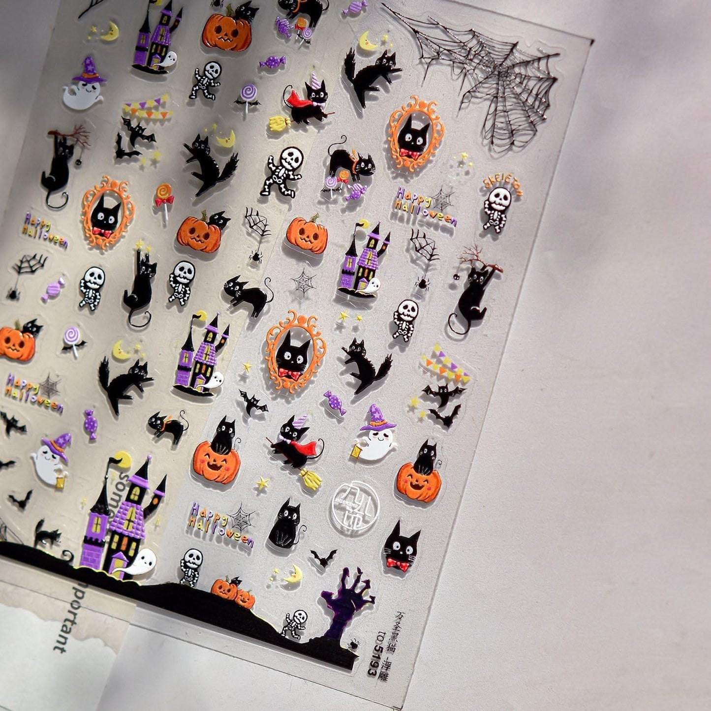 1 Sheets Embossed Halloween Nail Stickers for Nail Art Cute Pumpkin Black Cat Nail Decals Self-Adhesive Horror Ghost Skeleton Nail Art Stickers 5D Spider Web Nail Design Decals for Women