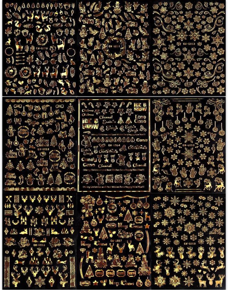 9 Sheets Christmas Nail Art Stickers Decals Self-Adhesive Pegatinas Uñas Holiday Glod Laser Snowflakes Snowman Nail Supplies Nail Art Design Decoration Accessories