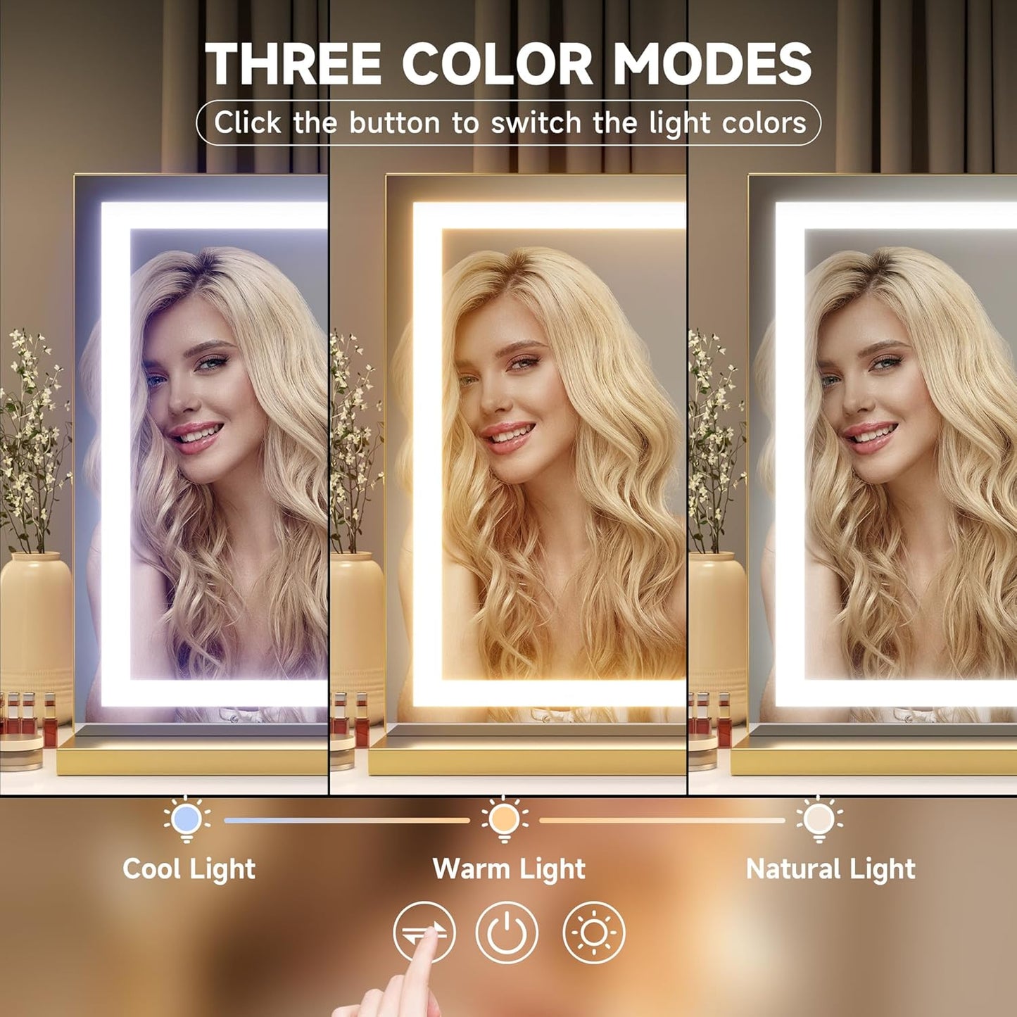 Hasipu Vanity Mirror with Lights, 40" x 30" LED Makeup Mirror, Lighted Makeup Mirror with Dimmable 3 Modes, Touch Screen Control Vanity Mirror Square Gold