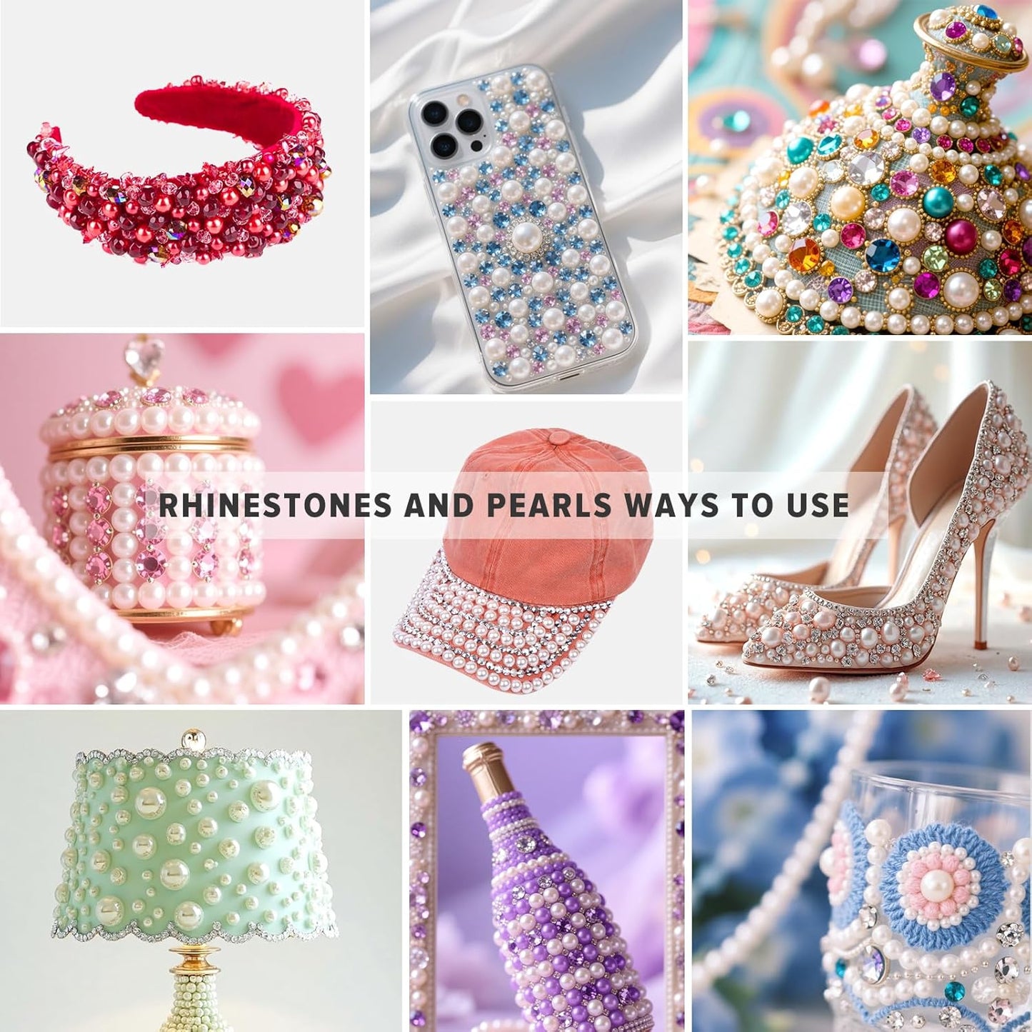 80g Mix Flatback Pearls and Rhinestones for Crafts Pink Purple Mixed Size 2mm-10mm Half Round Pearls Rhinestones for Nail Art Tumblers Shoes DIY Bedazzling with Tweezers Wax Pen