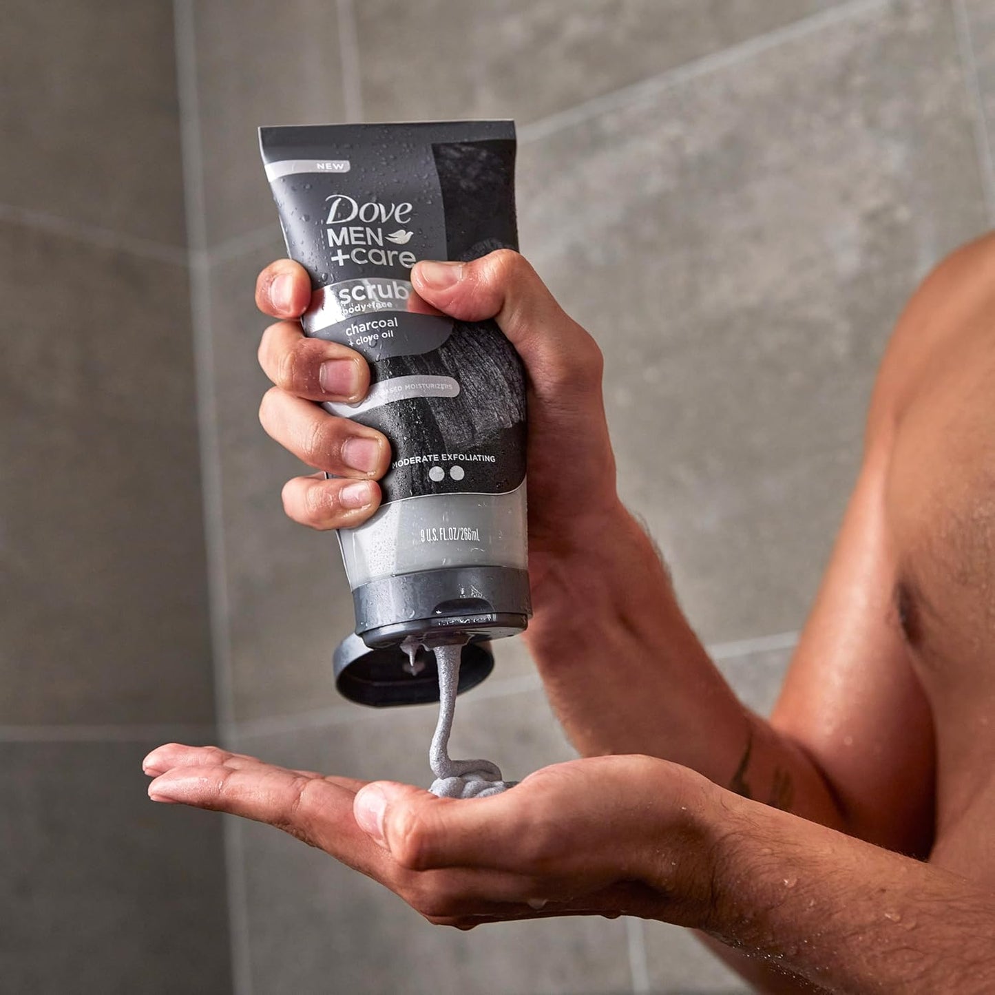 Dove Men+Care Body and Face Scrub Charcoal & Clove Oil Deeply Exfoliates for Hydrated & Nourished Skin 100% Gentle Cleanser, No Sulfate Cleansers or Parabens 9 oz