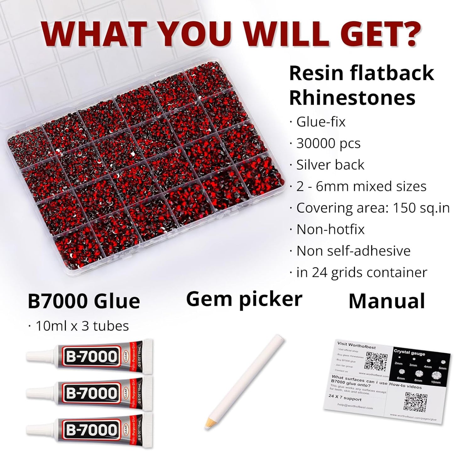 30000Pcs Resin Rhinestones Set for Crafting Bedazzling, Maroon Dark Red Burgundy Flatback Gems Jewels for Crafts Clothes Shoes Fabric Outfit Nails Makeup, Flat Back Crystal 2-6mm with b 7000 Glue