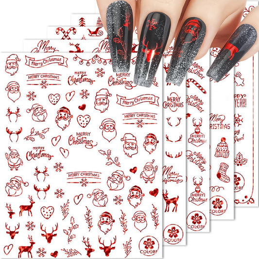 HNUIX Nail Stickers - 3D Christmas, Self Adhesive Nail Decals, Multi Pattern, Red, 9 Sheets, for Nail Art
