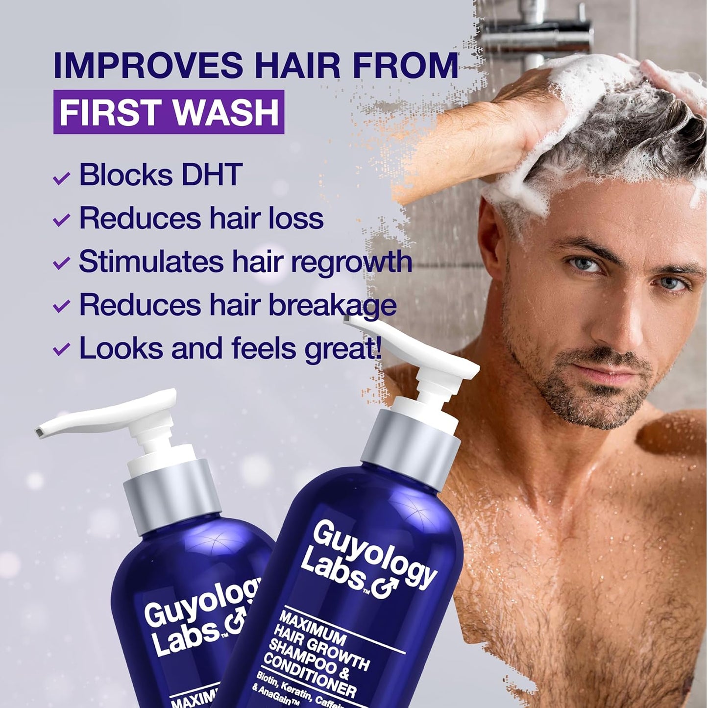 Hair Growth Shampoo For Men - With Conditioner for Thinning Hair - Natural DHT Blockers To Reduce Hair Loss - Biotin and Keratin Best for Growth and Thickening - Made in USA by Guyology Labs