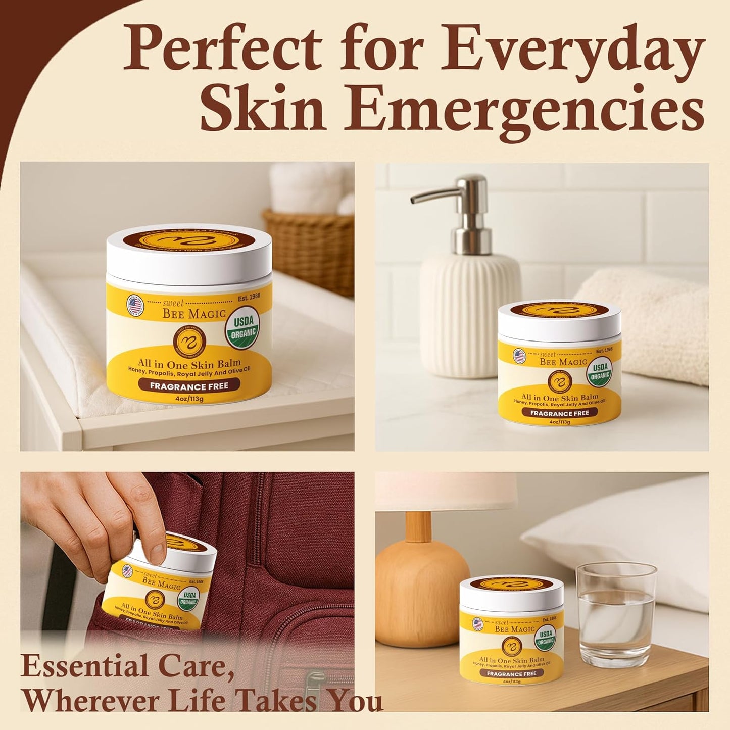 Sweet Bee Magic All In One Healing Organic Balm - Natural Skin Healing Cream, Beeswax Balm for Dry Skin, Face & Body Moisturizer - Certified Organic, All Natural Aid- 3 Jars (4oz Each, 12oz Total)